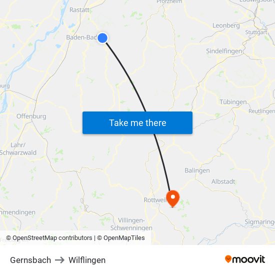 Gernsbach to Wilflingen map