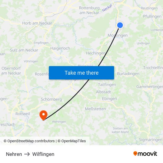 Nehren to Wilflingen map