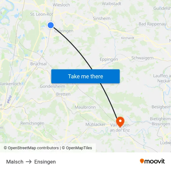 Malsch to Ensingen map