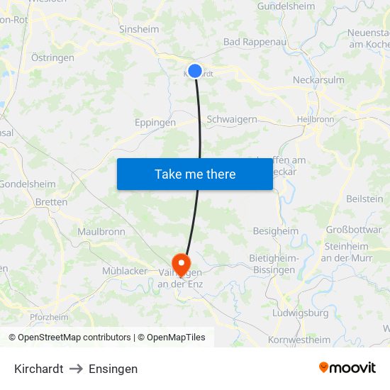 Kirchardt to Ensingen map