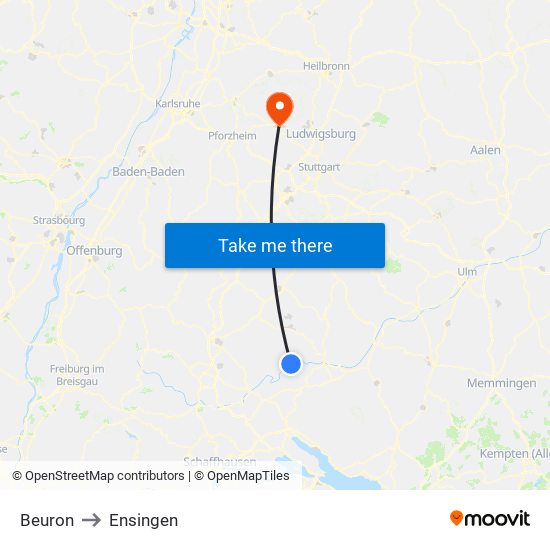 Beuron to Ensingen map