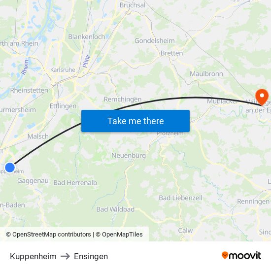 Kuppenheim to Ensingen map