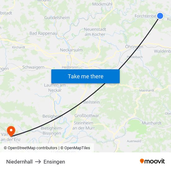 Niedernhall to Ensingen map