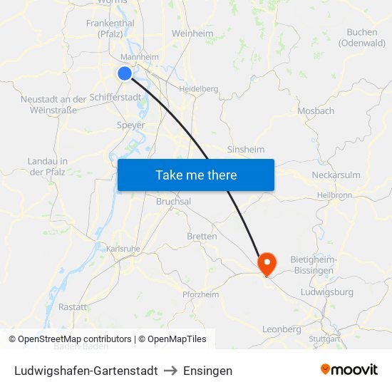 Ludwigshafen-Gartenstadt to Ensingen map