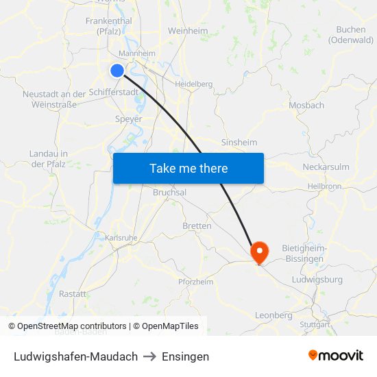 Ludwigshafen-Maudach to Ensingen map