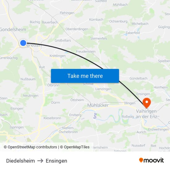 Diedelsheim to Ensingen map