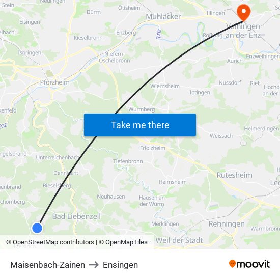 Maisenbach-Zainen to Ensingen map