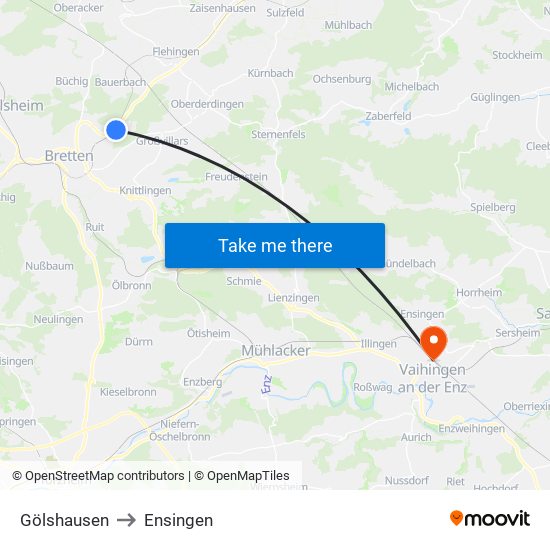 Gölshausen to Ensingen map