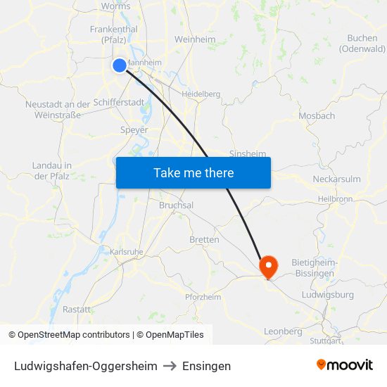 Ludwigshafen-Oggersheim to Ensingen map