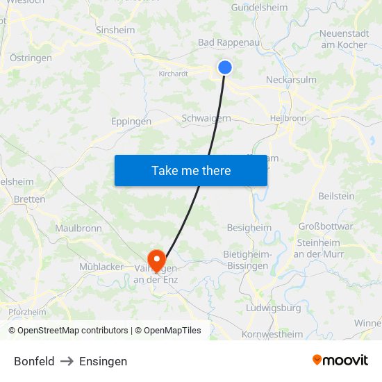 Bonfeld to Ensingen map