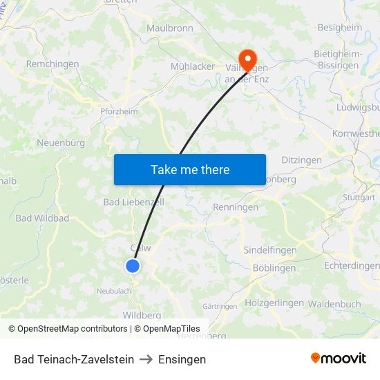 Bad Teinach-Zavelstein to Ensingen map