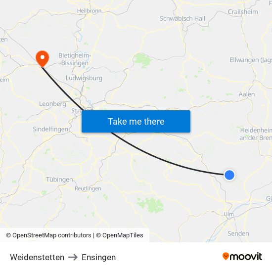 Weidenstetten to Ensingen map