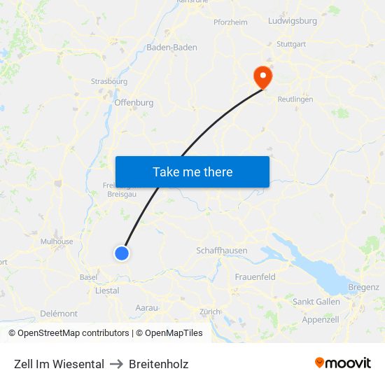 Zell Im Wiesental to Breitenholz map
