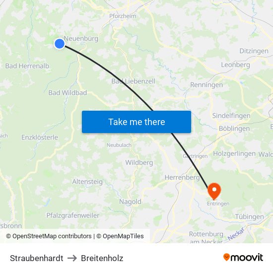 Straubenhardt to Breitenholz map