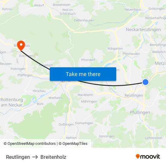 Reutlingen to Breitenholz map