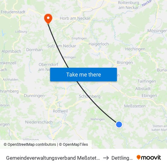Gemeindeverwaltungsverband Meßstetten to Dettlingen map