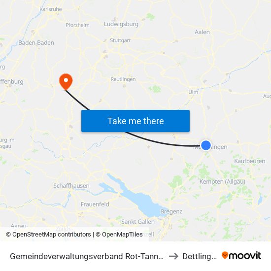 Gemeindeverwaltungsverband Rot-Tannheim to Dettlingen map