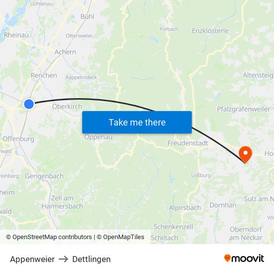 Appenweier to Dettlingen map