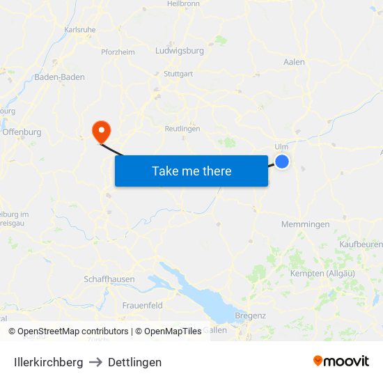 Illerkirchberg to Dettlingen map