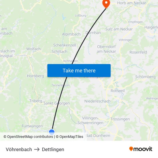 Vöhrenbach to Dettlingen map
