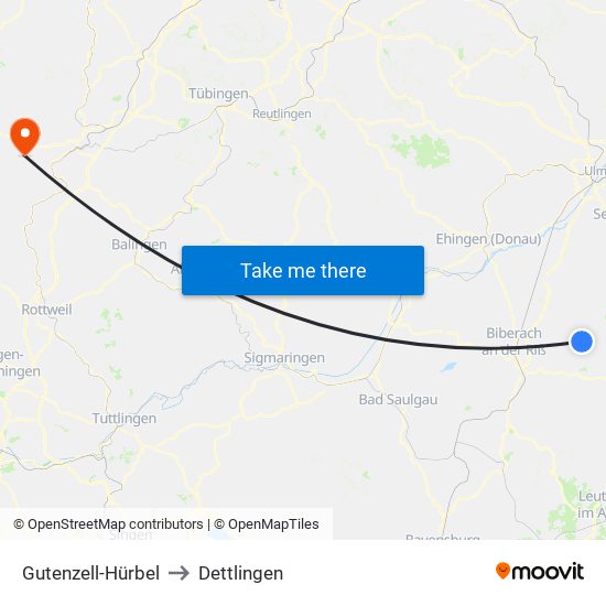Gutenzell-Hürbel to Dettlingen map