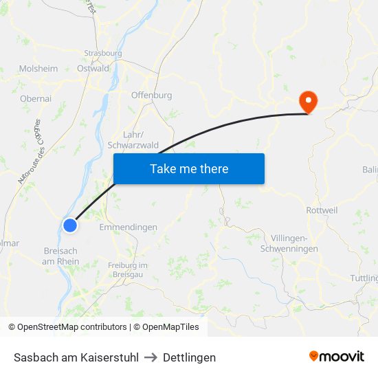Sasbach am Kaiserstuhl to Dettlingen map