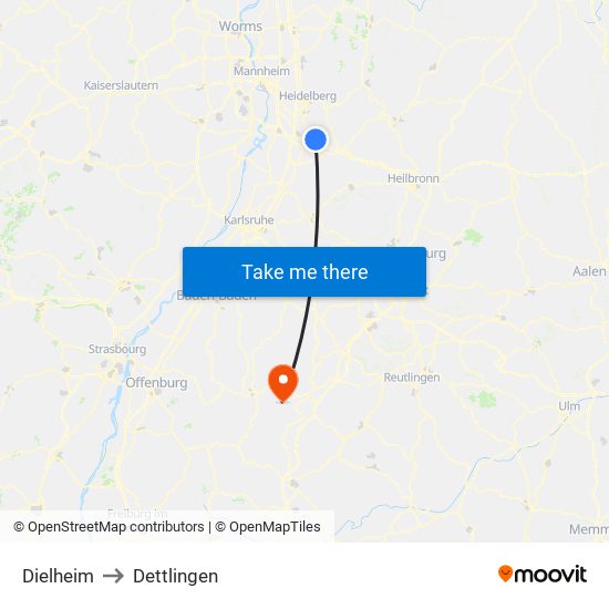 Dielheim to Dettlingen map
