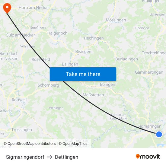 Sigmaringendorf to Dettlingen map