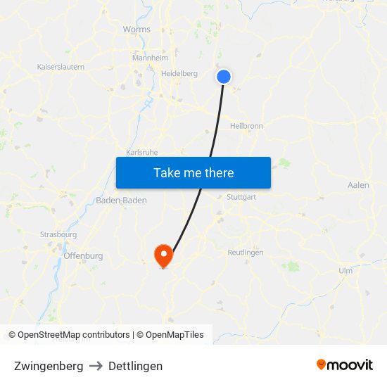 Zwingenberg to Dettlingen map