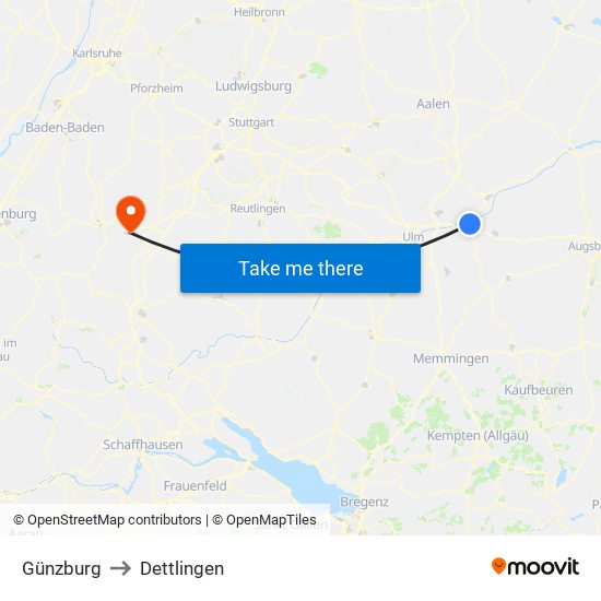 Günzburg to Dettlingen map