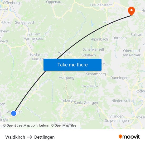 Waldkirch to Dettlingen map