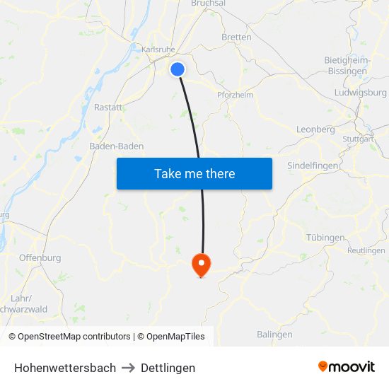Hohenwettersbach to Dettlingen map
