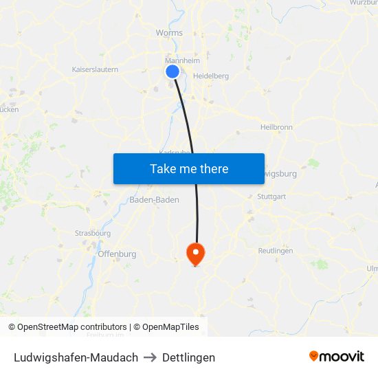 Ludwigshafen-Maudach to Dettlingen map