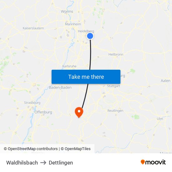 Waldhilsbach to Dettlingen map