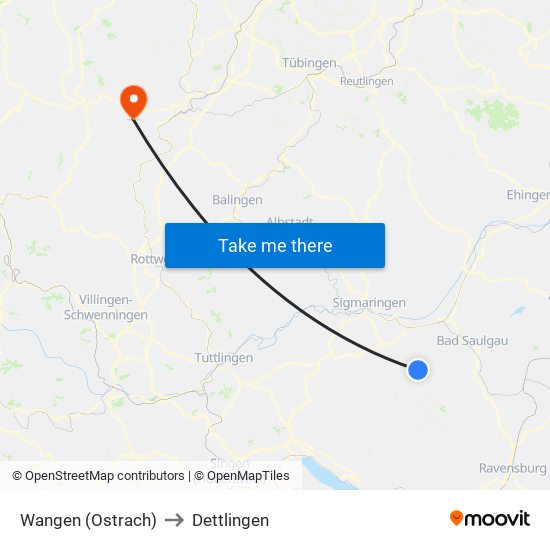 Wangen (Ostrach) to Dettlingen map