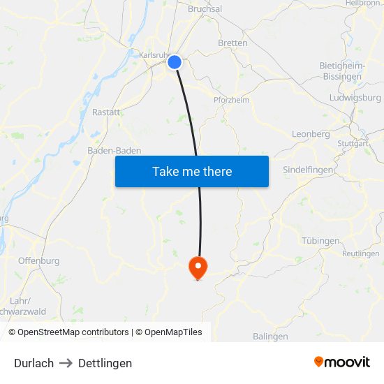 Durlach to Dettlingen map