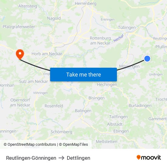 Reutlingen-Gönningen to Dettlingen map