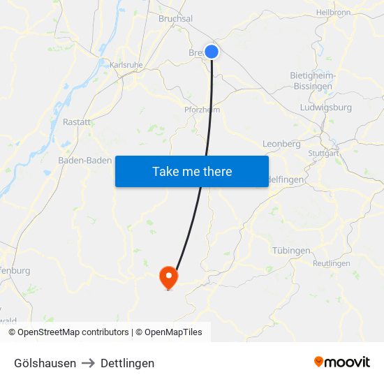Gölshausen to Dettlingen map