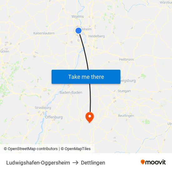 Ludwigshafen-Oggersheim to Dettlingen map