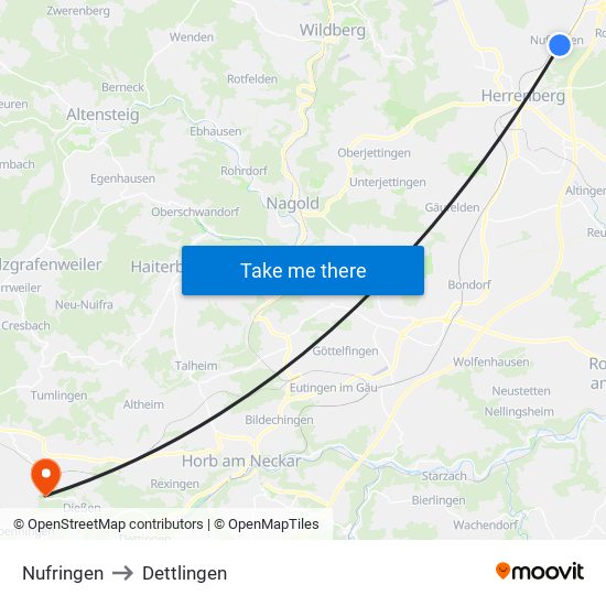 Nufringen to Dettlingen map