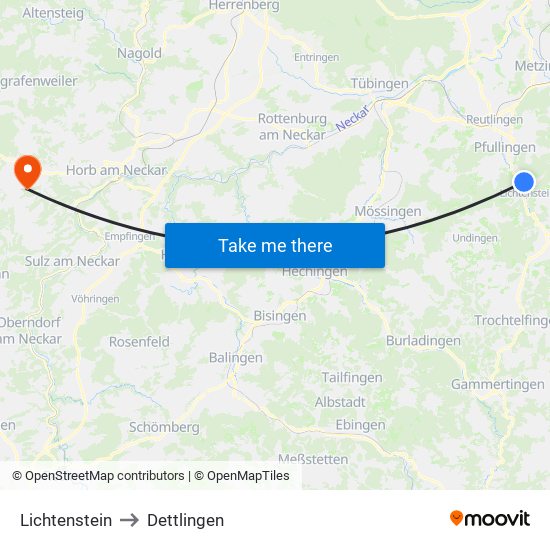 Lichtenstein to Dettlingen map