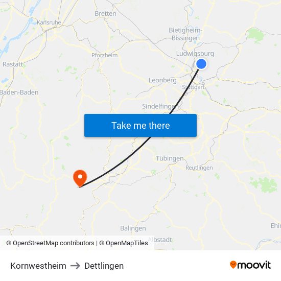 Kornwestheim to Dettlingen map