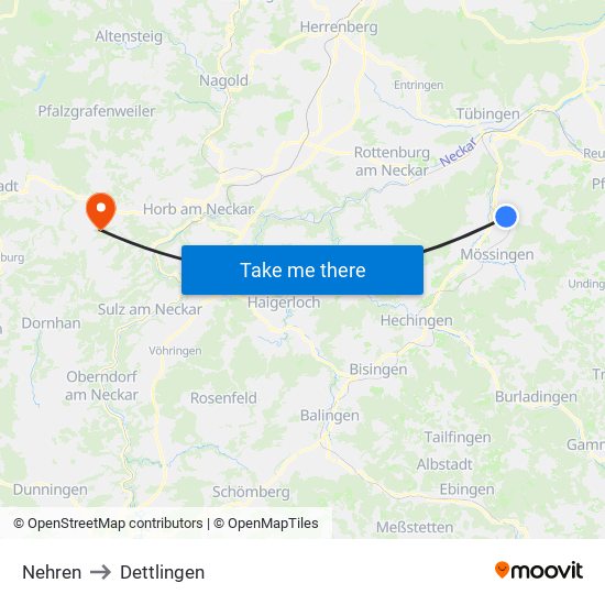 Nehren to Dettlingen map