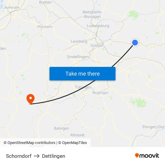 Schorndorf to Dettlingen map
