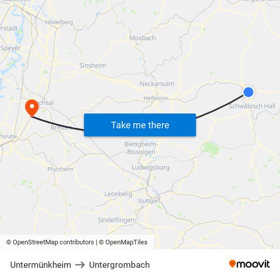 Untermünkheim to Untergrombach map