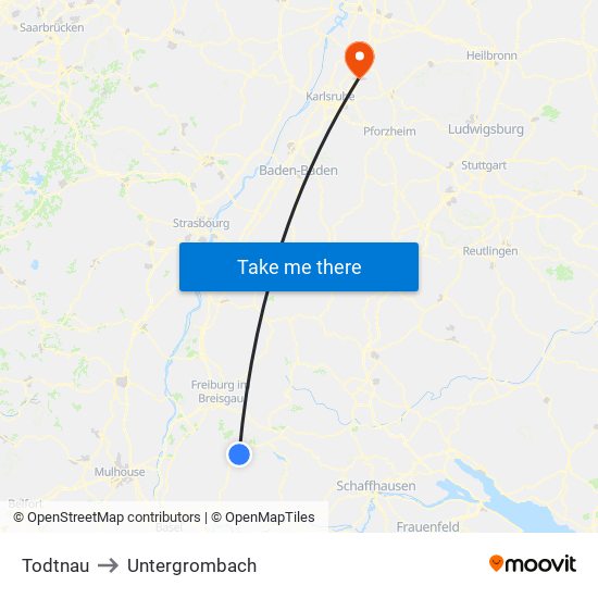 Todtnau to Untergrombach map