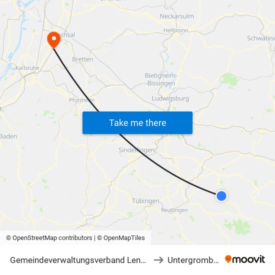 Gemeindeverwaltungsverband Lenningen to Untergrombach map