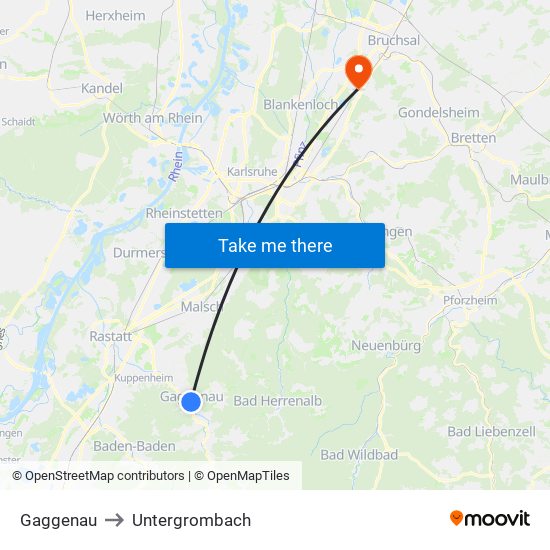 Gaggenau to Untergrombach map