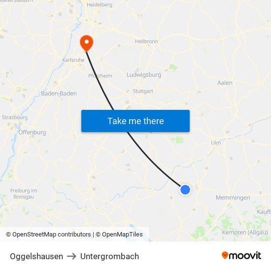 Oggelshausen to Untergrombach map