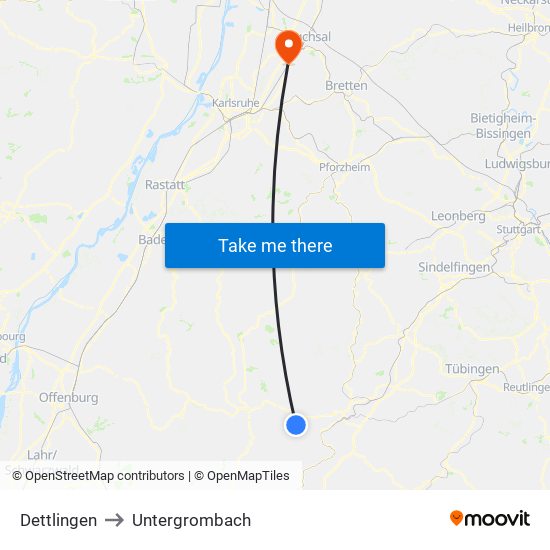 Dettlingen to Untergrombach map